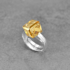 Sterling Silver cube ring with gold-coloured Swarovski crystal and rhodium plated finish