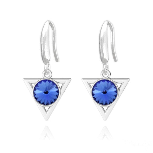 Sterling Silver triangle earrings with sapphire blue Swarovski crystal and rhodium plated finish
