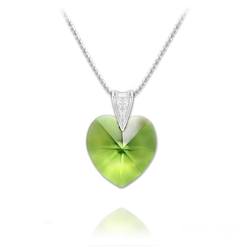 Sterling Silver heart pendant necklace with genuine Swarovski Peridot crystal and rhodium plated finish