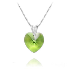 Sterling Silver heart pendant necklace with genuine Swarovski Peridot crystal and rhodium plated finish