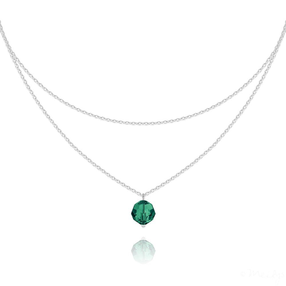 Sterling Silver double chain choker with emerald Swarovski crystal and rhodium plated finish