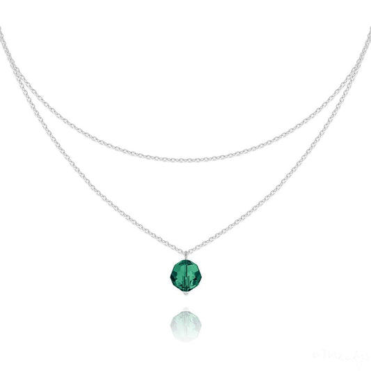 Sterling Silver double chain choker with emerald Swarovski crystal and rhodium plated finish