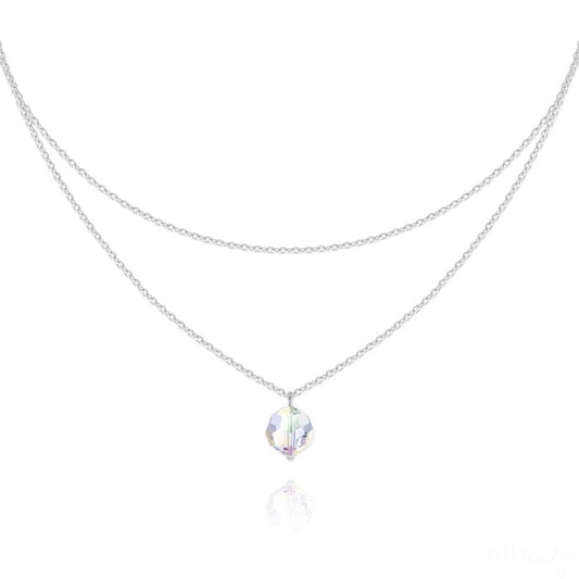 Sterling Silver double chain choker with White AB Genuine Swarovski Crystal and rhodium plated finish