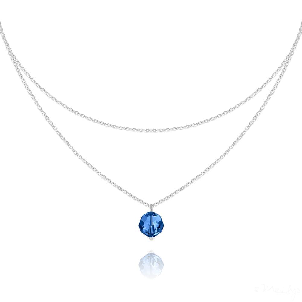 Sterling Silver double chain choker with Capri Blue Genuine Swarovski Crystal and rhodium plated finish
