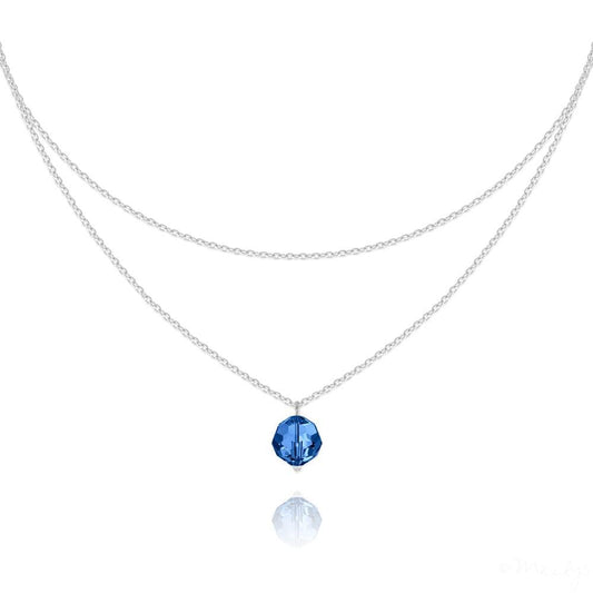 Sterling Silver double chain choker with Capri Blue Genuine Swarovski Crystal and rhodium plated finish