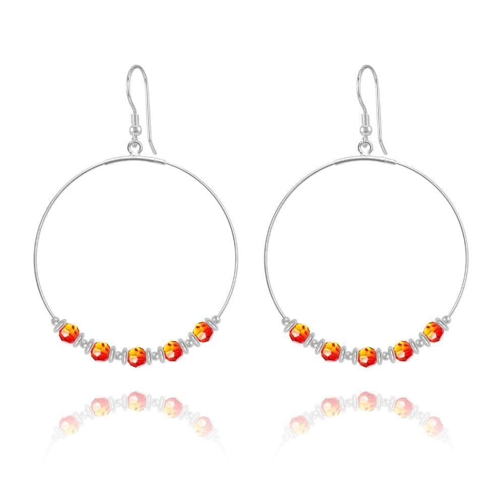 Sterling silver hoop earrings with red-orange Fire Opal crystal beads, silver spacers and earwire hooks