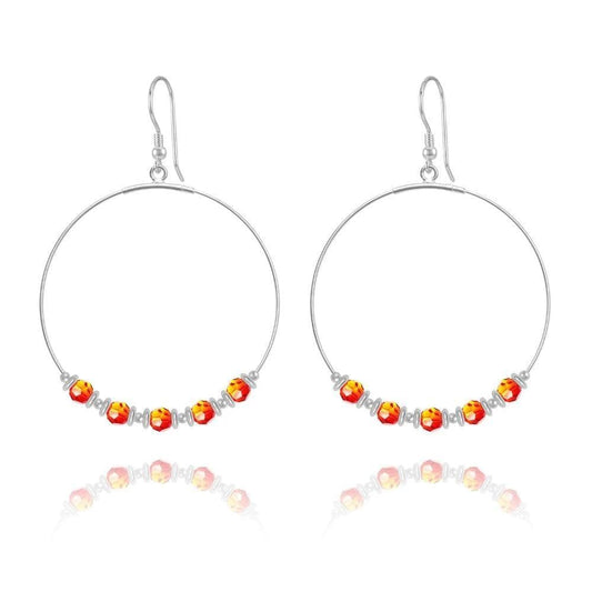 Sterling silver hoop earrings with red-orange Fire Opal crystal beads, silver spacers and earwire hooks
