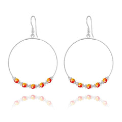 Sterling silver hoop earrings with red-orange Fire Opal crystal beads, silver spacers and earwire hooks