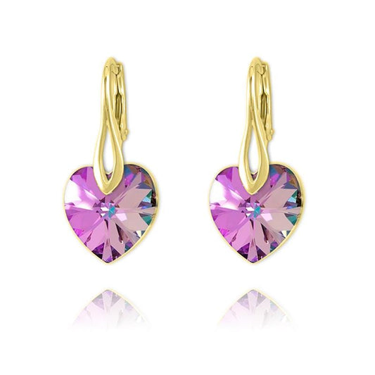 24K gold plated Sterling Silver heart drop earrings with Genuine Swarovski Crystal in Vitrail Light colour