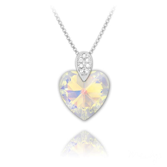 Sterling Silver White AB heart crystal necklace with rhodium plated finish and pavé pendant on a snake chain