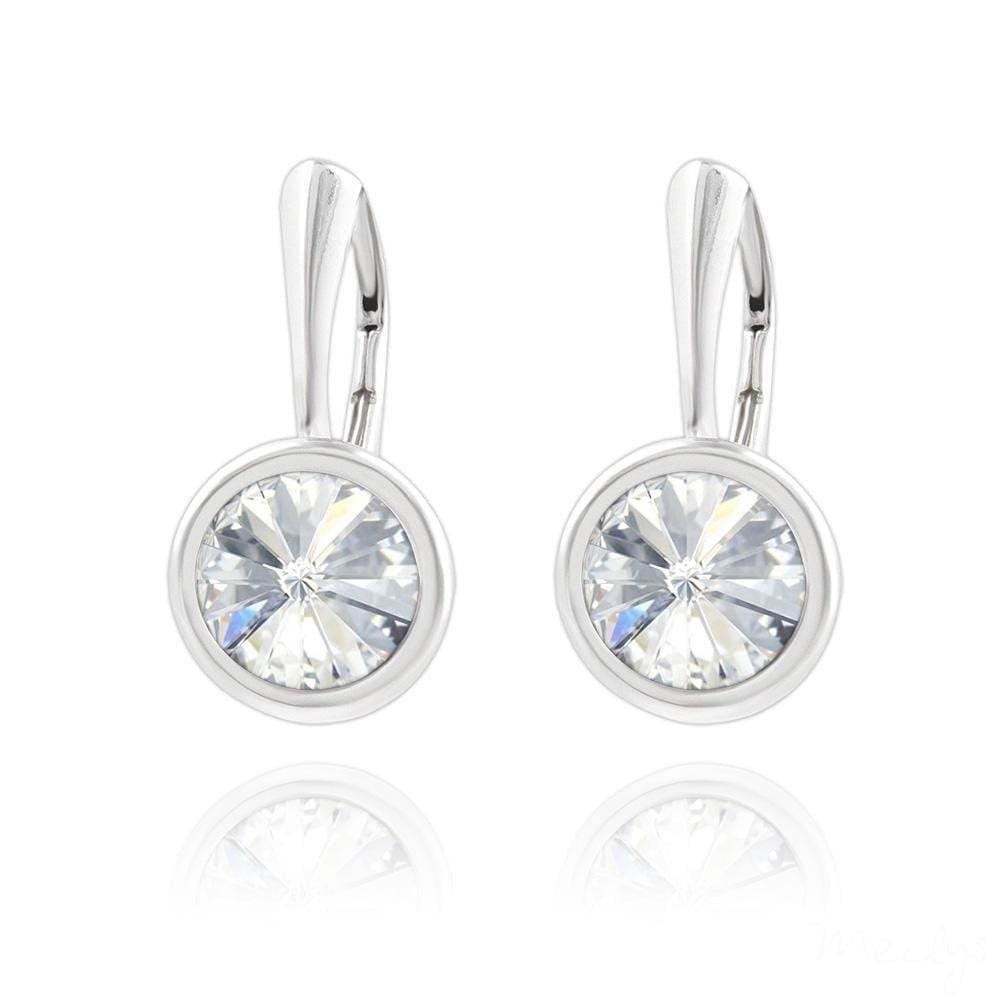 Sterling Silver white crystal bezel drop earrings with rhodium plated finish and silver clasp