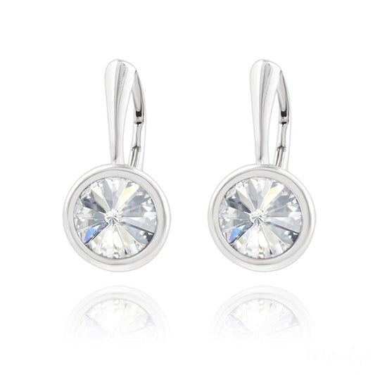 Sterling Silver white crystal bezel drop earrings with rhodium plated finish and silver clasp