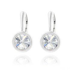 Sterling Silver white crystal bezel drop earrings with rhodium plated finish and silver clasp