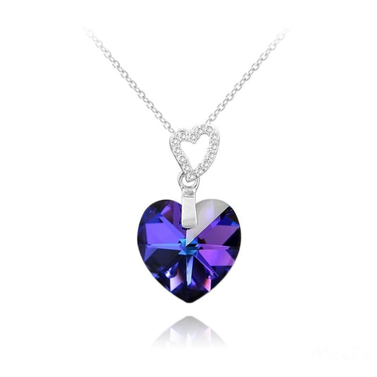Sterling Silver Heliotrope Swarovski crystal double heart necklace with rhodium plated finish and zirconia accents