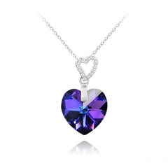Sterling Silver Heliotrope Swarovski crystal double heart necklace with rhodium plated finish and zirconia accents