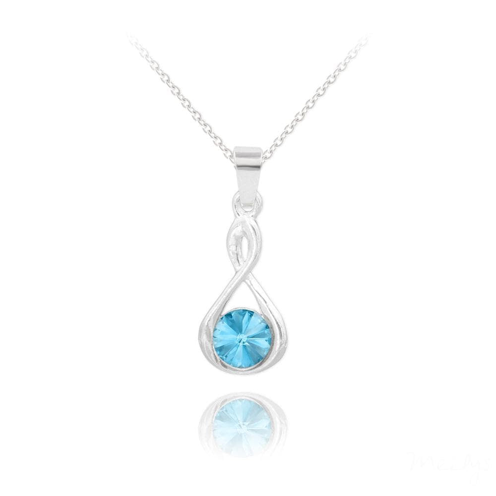 Sterling Silver infinity pendant necklace with aquamarine blue crystal and rhodium plated finish