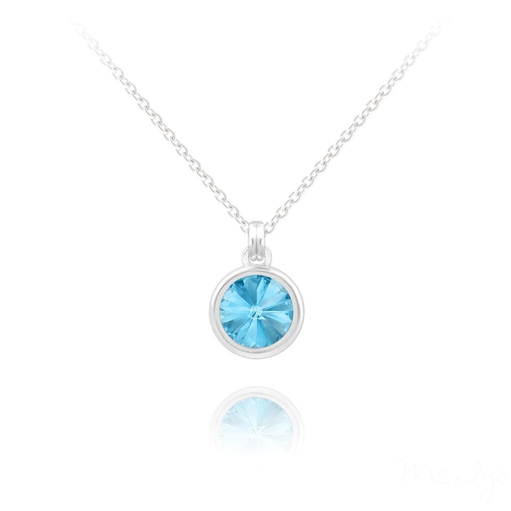 Sterling Silver necklace with aquamarine Swarovski crystal in a polished bezel setting and rhodium plated finish