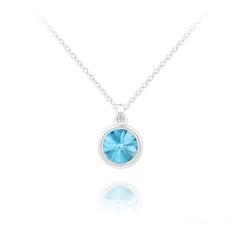 Sterling Silver necklace with aquamarine Swarovski crystal in a polished bezel setting and rhodium plated finish
