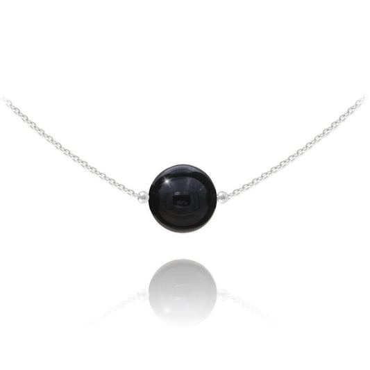 Sterling Silver choker necklace with black onyx gemstone, rhodium plated finish and adjustable chain
