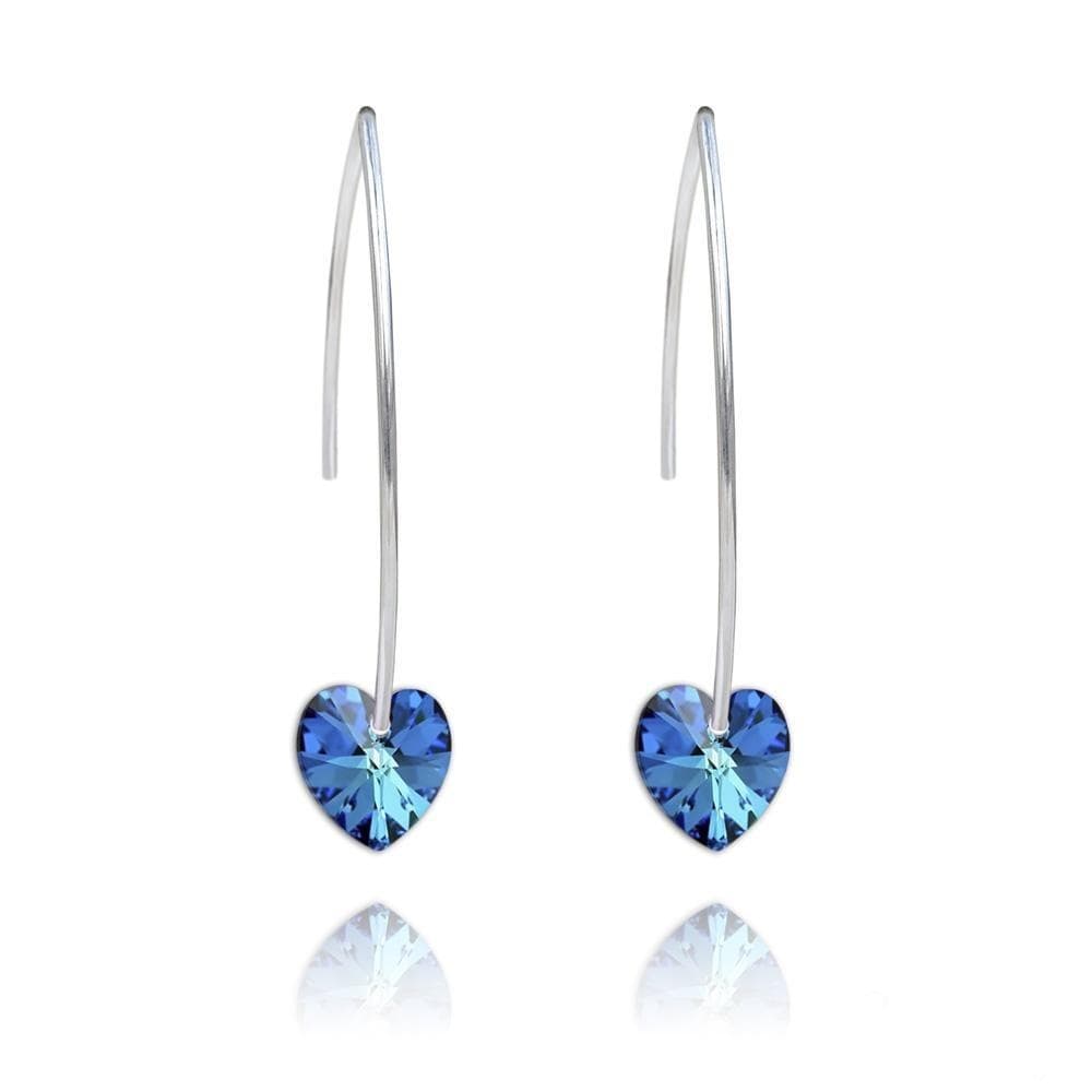 Sterling Silver long drop earrings with Bermuda Blue heart crystals and rhodium plated finish