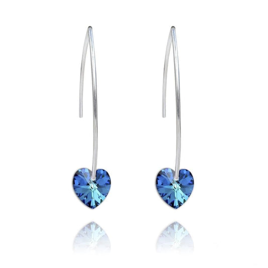 Sterling Silver long drop earrings with Bermuda Blue heart crystals and rhodium plated finish
