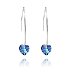 Sterling Silver long drop earrings with Bermuda Blue heart crystals and rhodium plated finish