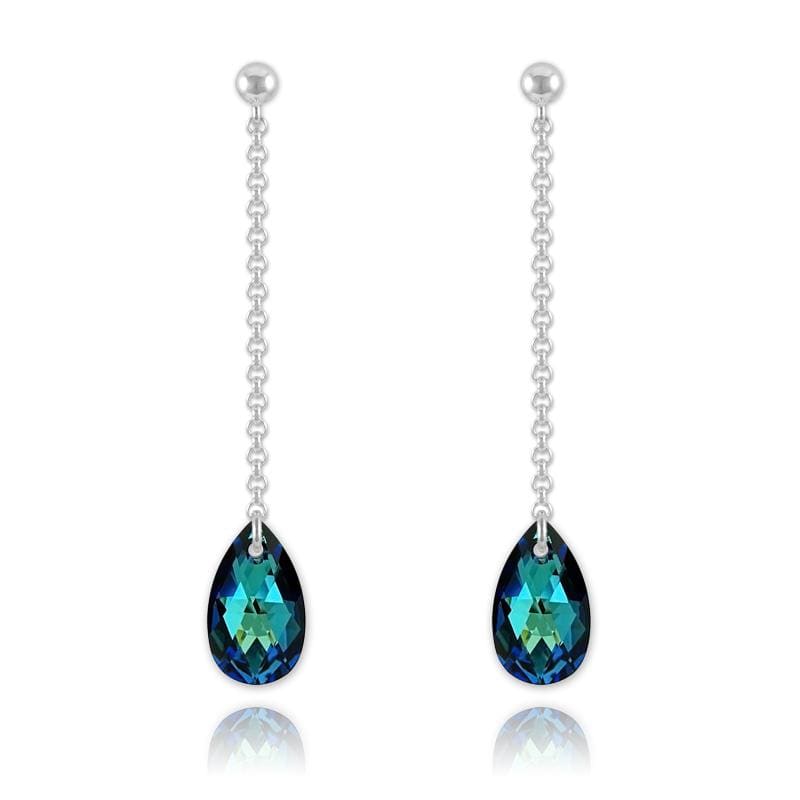 Sterling Silver drop earrings with genuine Bermuda Blue Swarovski teardrop crystals and rhodium plated finish