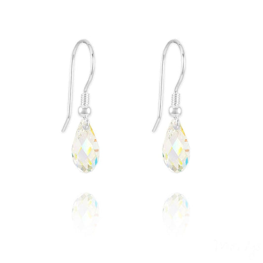 Sterling Silver teardrop earrings with White AB faceted briolette crystals and rhodium plated finish