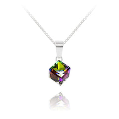 Sterling Silver necklace with genuine Vitrail Medium Swarovski crystal cube pendant and rhodium plated finish