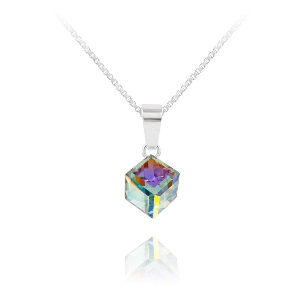 Sterling Silver necklace with White AB Swarovski crystal cube pendant and rhodium plated finish