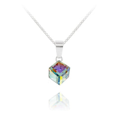 Sterling Silver necklace with White AB Swarovski crystal cube pendant and rhodium plated finish