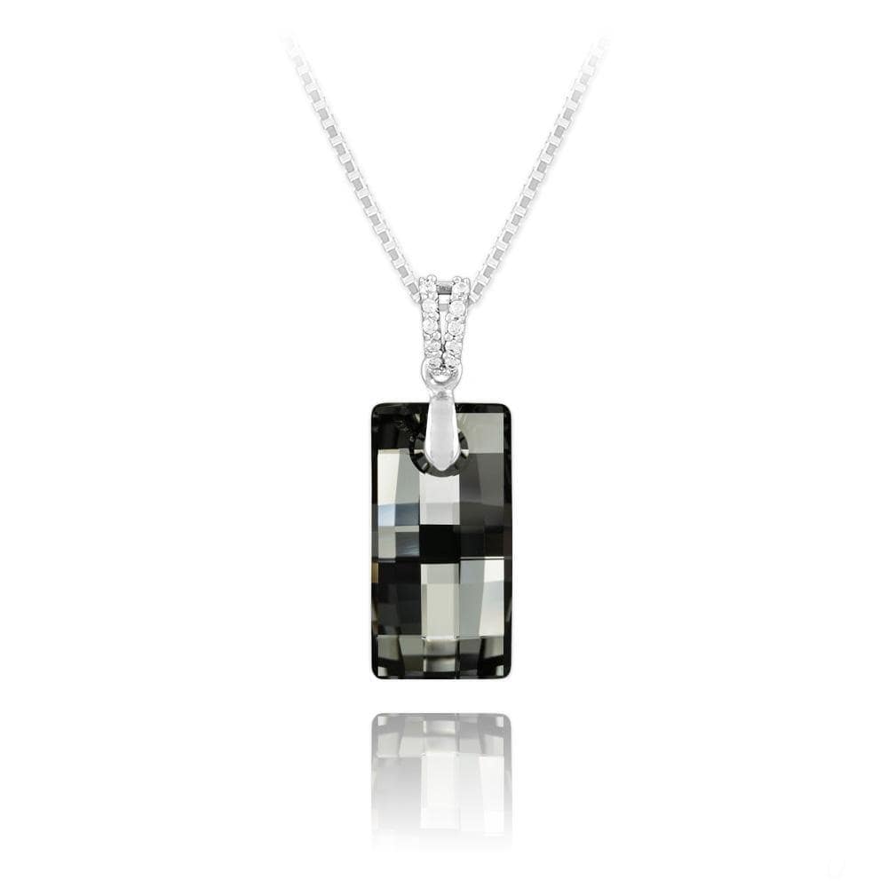 Sterling Silver necklace with Silver Night Swarovski crystal rectangular pendant and rhodium plated finish