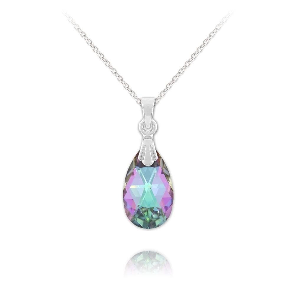 Sterling Silver necklace with Vitrail Light Swarovski crystal pear drop pendant and rhodium plated finish