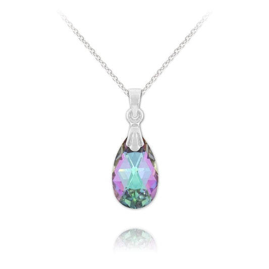 Sterling Silver necklace with Vitrail Light Swarovski crystal pear drop pendant and rhodium plated finish