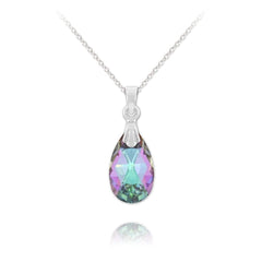 Sterling Silver necklace with Vitrail Light Swarovski crystal pear drop pendant and rhodium plated finish