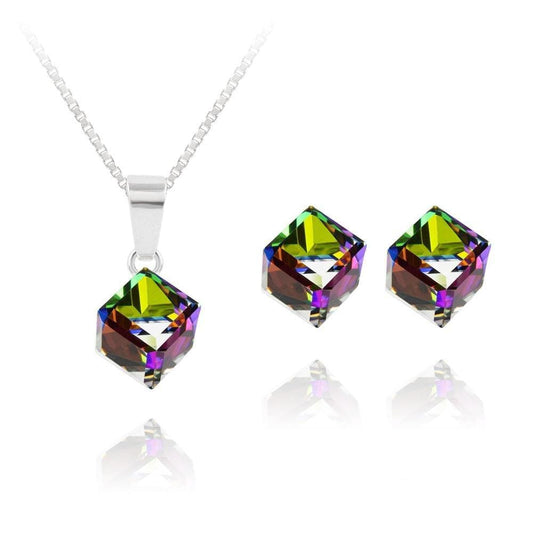 Sterling Silver jewellery set with Vitrail Medium Swarovski crystal cube pendant necklace and matching stud earrings
