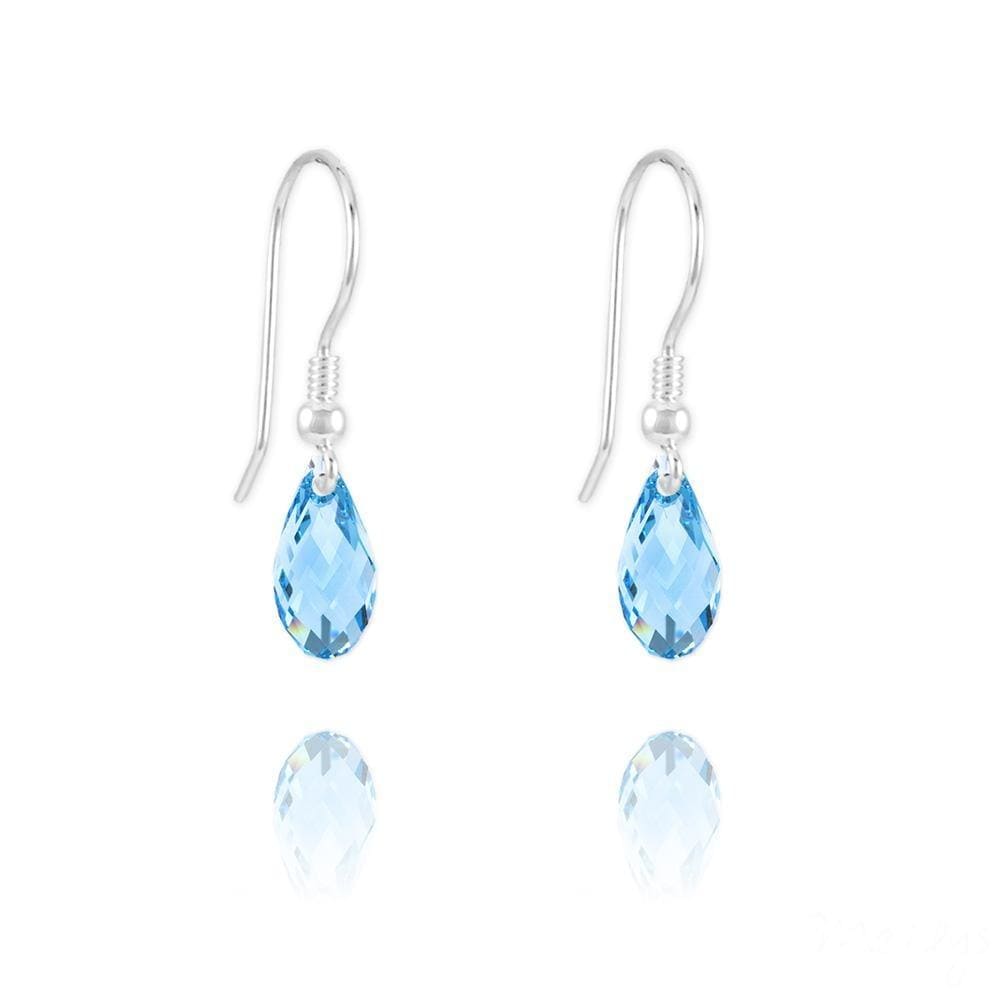 Sterling Silver teardrop earrings with Aquamarine Swarovski crystals and rhodium plated finish