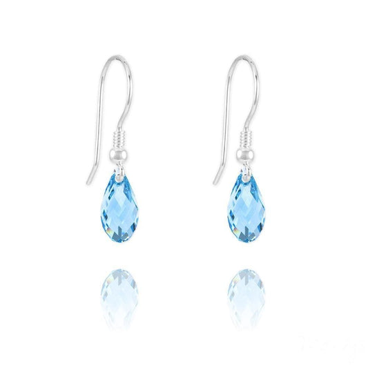 Sterling Silver teardrop earrings with Aquamarine Swarovski crystals and rhodium plated finish