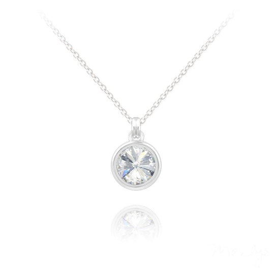 Sterling Silver bezel set white crystal drop necklace with rhodium plated finish