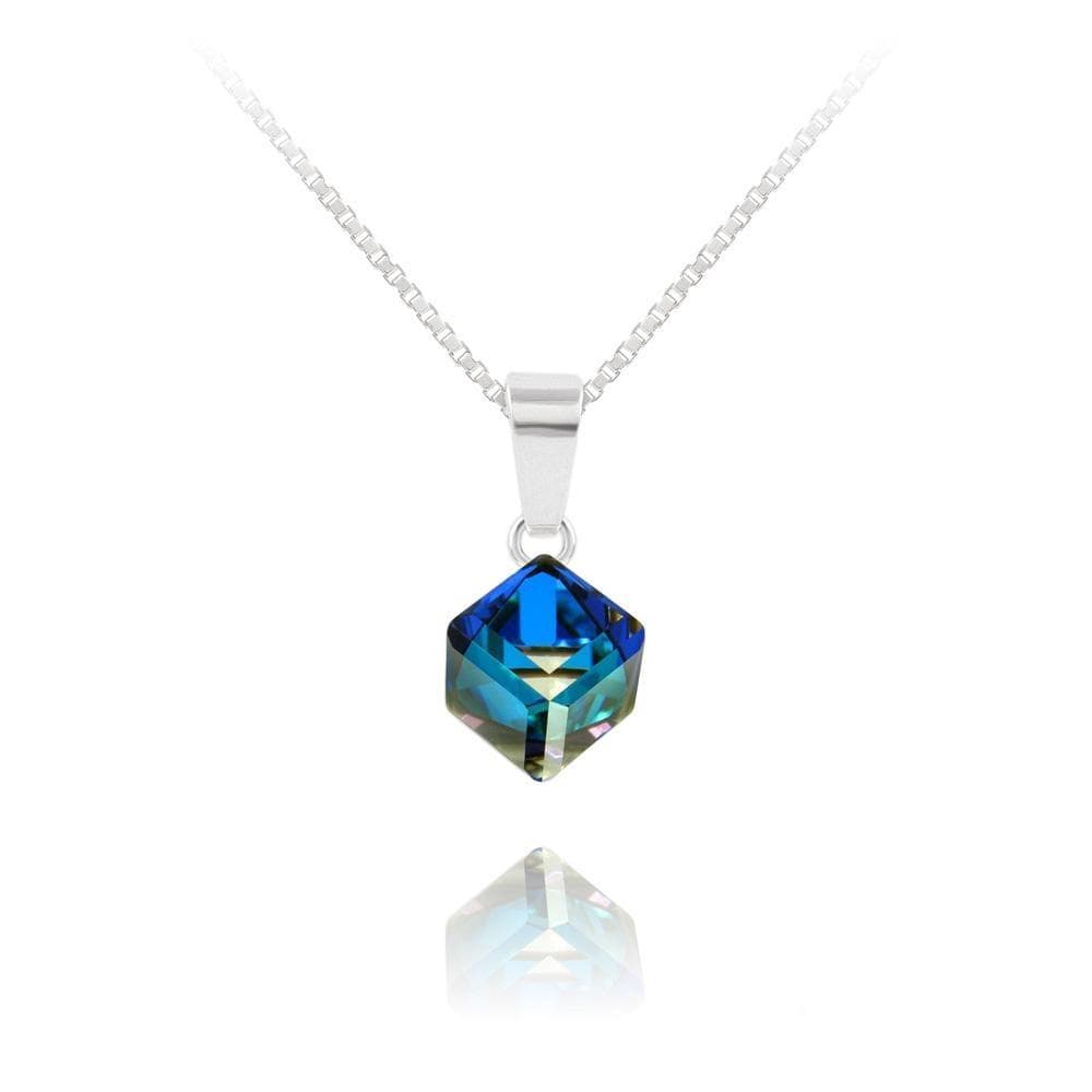 Sterling Silver Bermuda Blue Swarovski crystal cube pendant necklace with rhodium plated finish