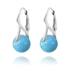 Sterling silver leverback earrings with genuine turquoise Swarovski crystal pearls in a polished curved drop design
