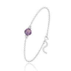 Sterling silver chain bracelet with an 8 mm faceted purple Cyclamen Opal crystal and textured silver spacer beads