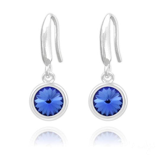 Sterling Silver drop earrings with Sapphire blue crystal, rhodium plated finish and round bezel setting