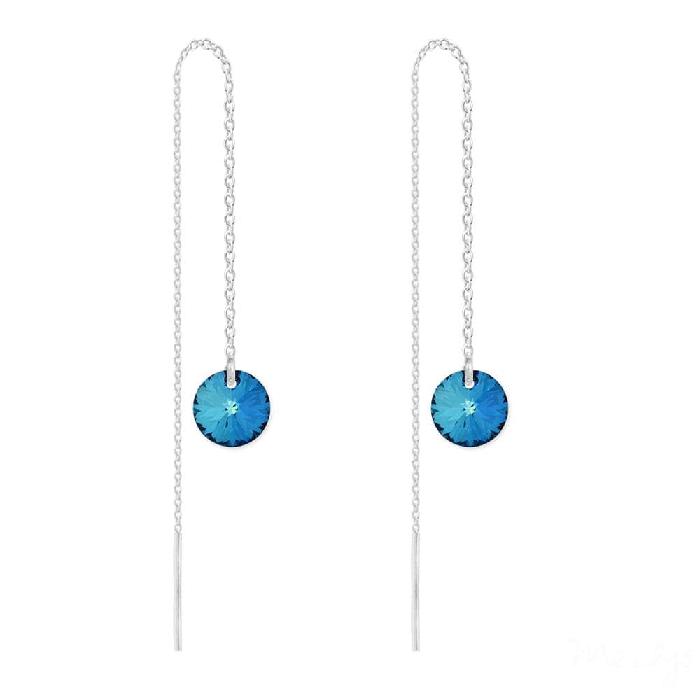 Sterling Silver threader chain earrings with Bermuda Blue crystal and rhodium plated finish
