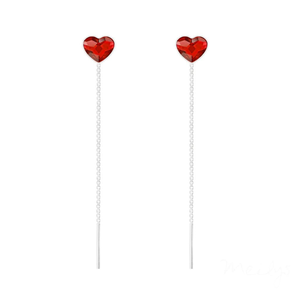 Sterling Silver threader chain earrings with Light Siam heart crystal and rhodium plated finish
