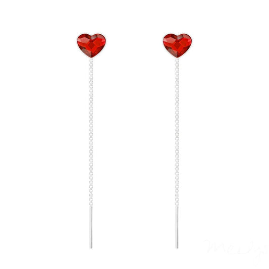 Sterling Silver threader chain earrings with Light Siam heart crystal and rhodium plated finish