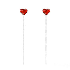 Sterling Silver threader chain earrings with Light Siam heart crystal and rhodium plated finish