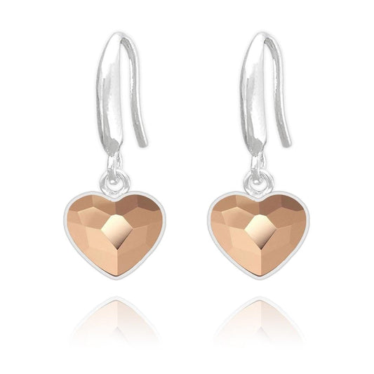 Sterling Silver heart drop earrings with Rose Gold crystal and rhodium plated finish
