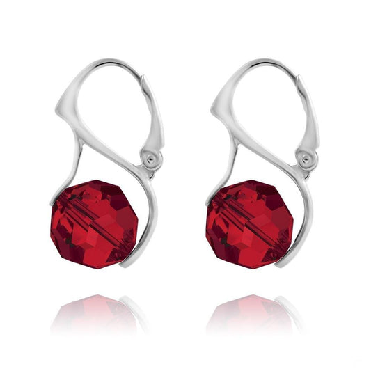 Sterling Silver leverback earrings with Light Siam Genuine Swarovski Crystal and rhodium plated finish