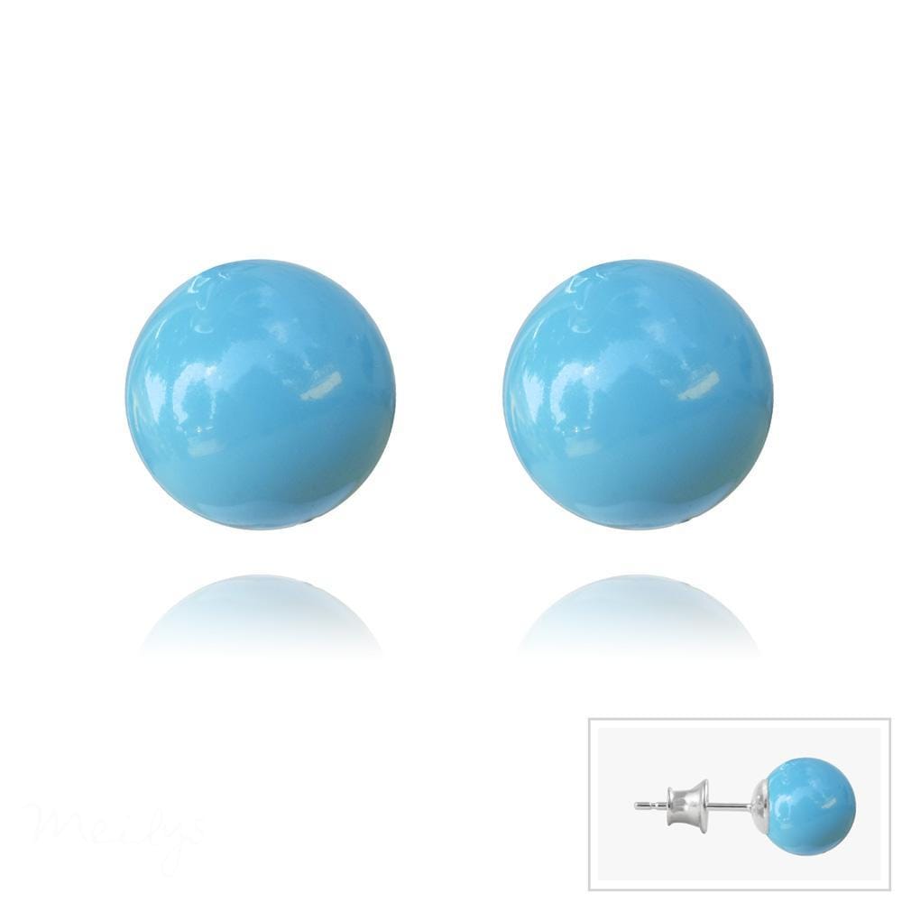 Sterling silver stud earrings with smooth round turquoise pearl beads and polished post fittings